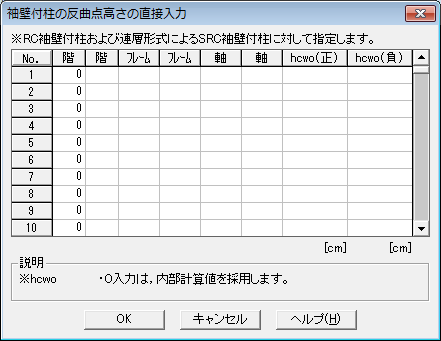 袖壁付柱の反曲点高さの直接入力